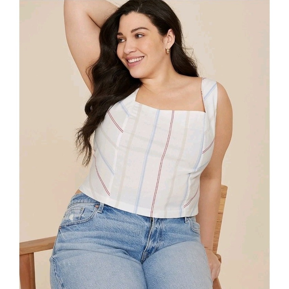 NWT Maurices White Striped Cotton Cropped‎ Poplin Corset Tank Top Size Medium